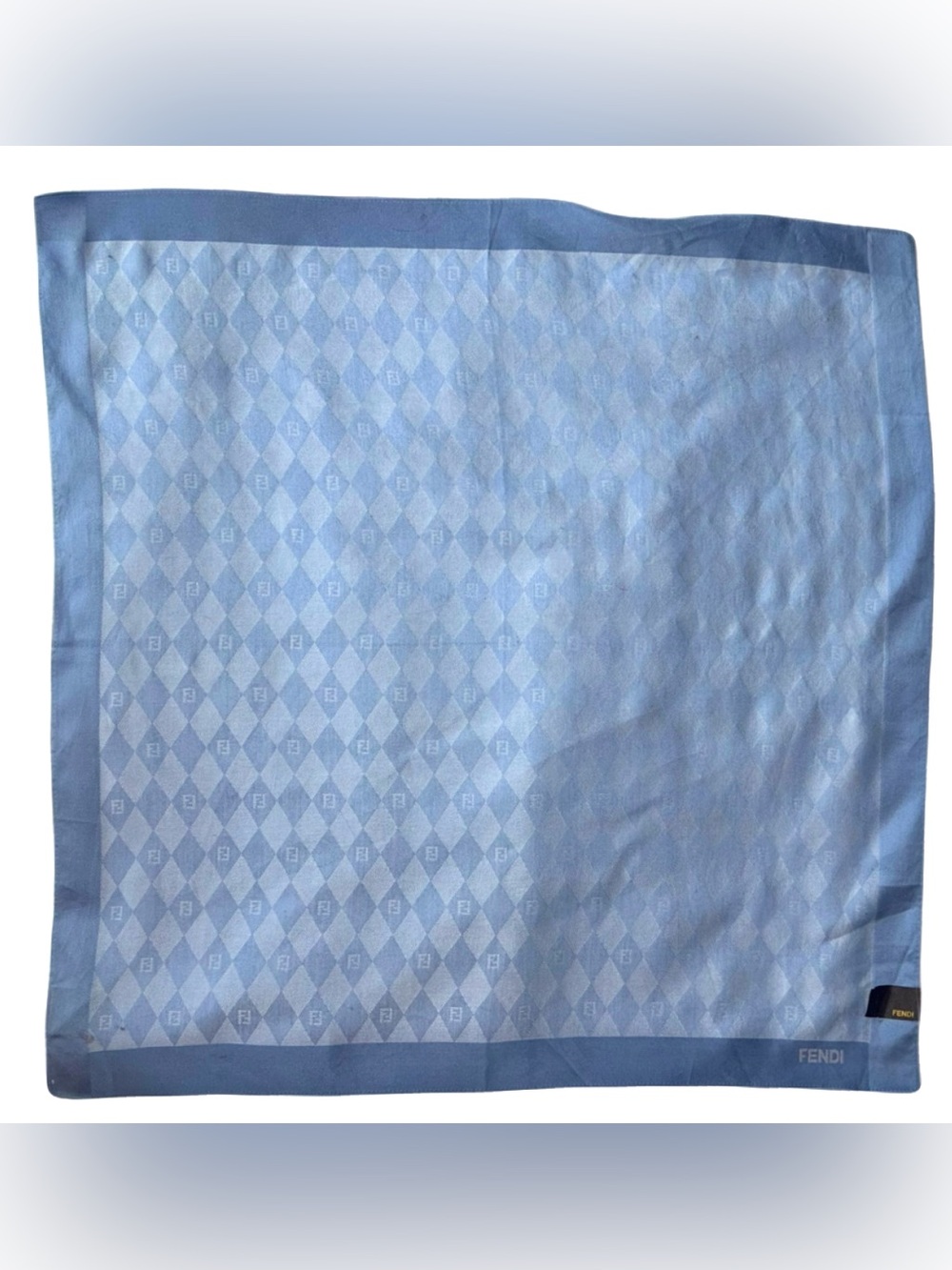 Fendi Vintage  Blue Cotton Neck Scarf, Diamond Pattern, FF Logo 18.5”x18.5”